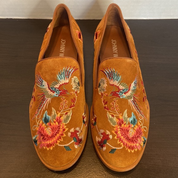 New Johnny Was Freja Embroidered Cognac Suede Leather Loafers Size 6 - Picture 7 of 16